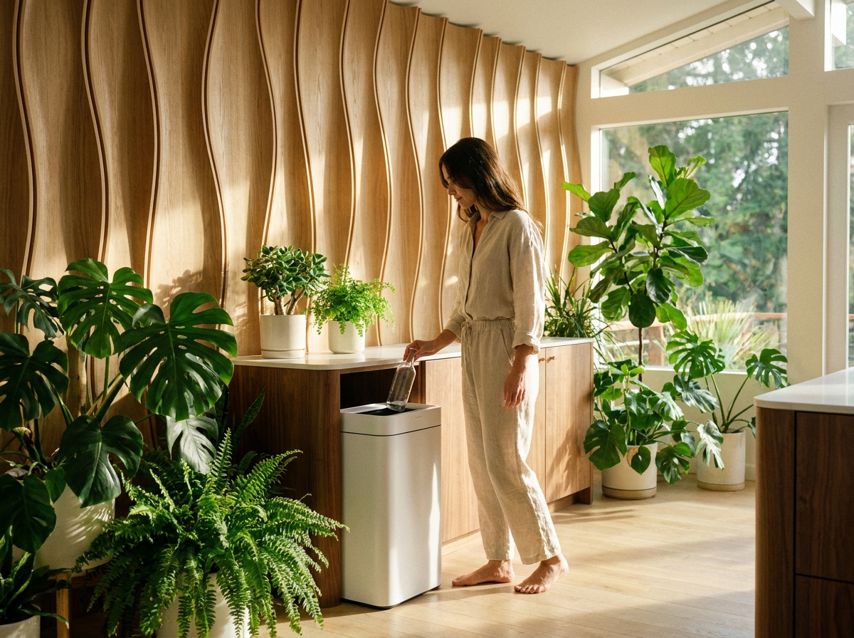 Biophilic interior with person recycling